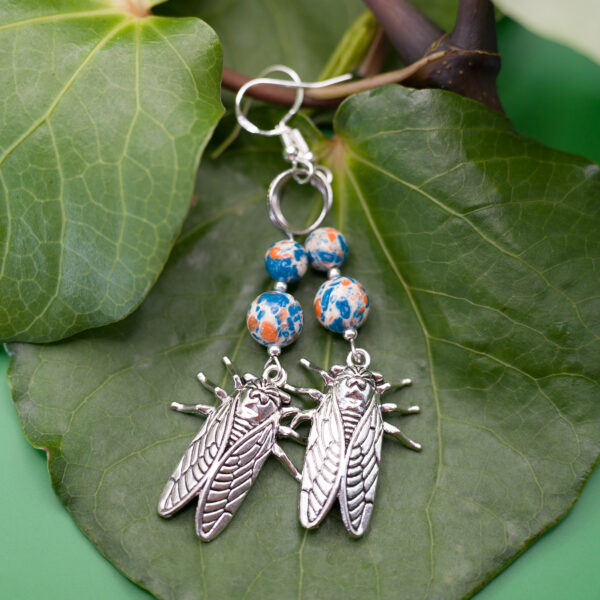 cicada earrings orange blue jasper